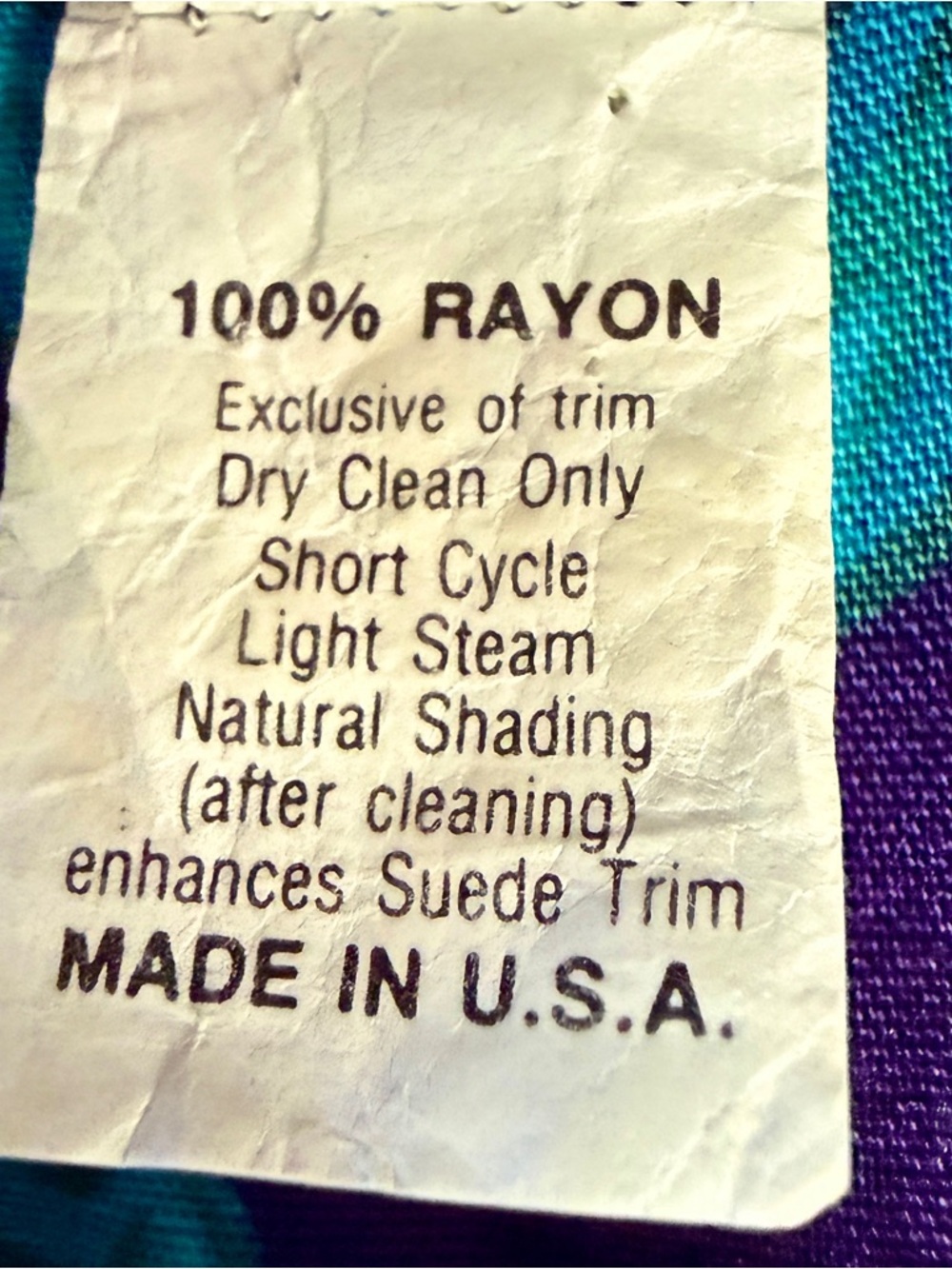 Patty O’Neil VTG 80s Purple Teal Baroque Print Rayon Dress w/ Suede Trim | Sz 6 - Picture 11 of 12